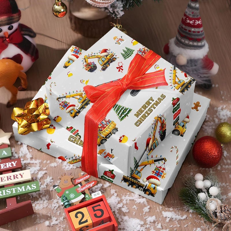 ZINTBIAL Construction Truck Christmas Wrapping Paper - Xmas Gift Wrap with Excavators, Santa,Trees, Snowmen & Gingerbread Men Design - for Kids & Adults Gift Wrapping - 40×28 Inches, 4 Folded Sheets - Image 5